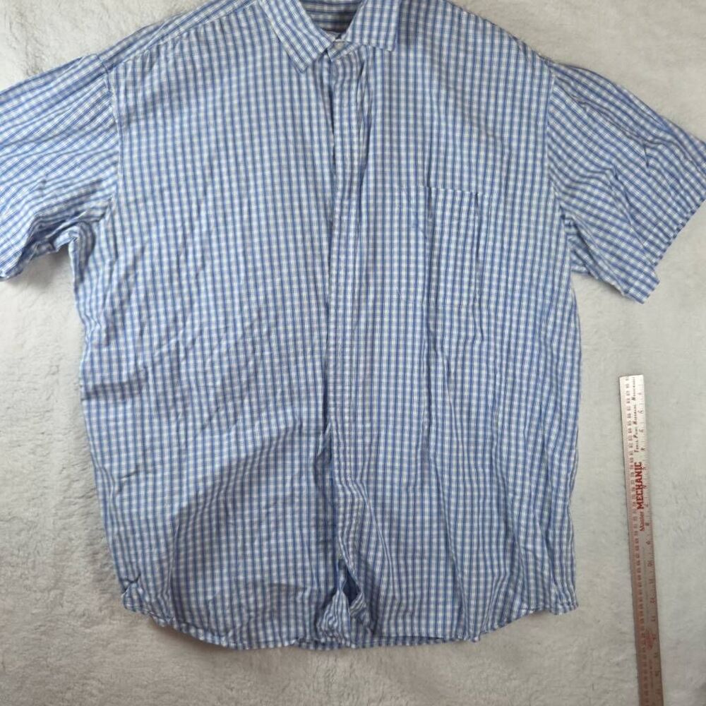 626 Blue Men's Gingham‎ Plaid Short Sleeve Button-up Shirt Blue White 2XLT